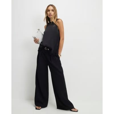 Black Satin Lace Trim Sleeveless Top