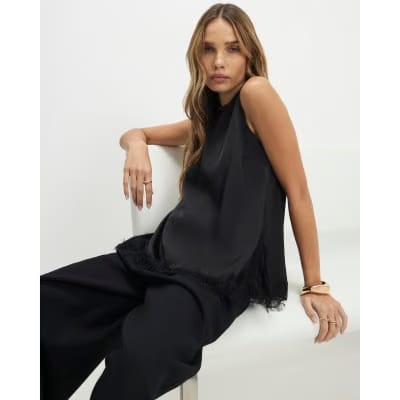 Black Satin Lace Trim Sleeveless Top