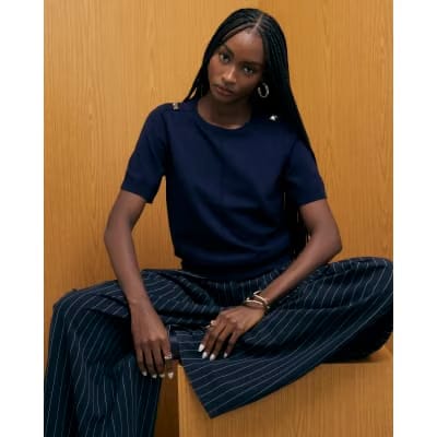 Navy Knitted Short Sleeve Top