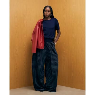 Navy Knitted Short Sleeve Top