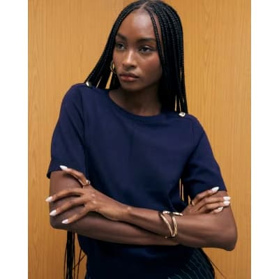 Navy Knitted Short Sleeve Top