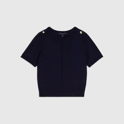 Navy Knitted Short Sleeve Top