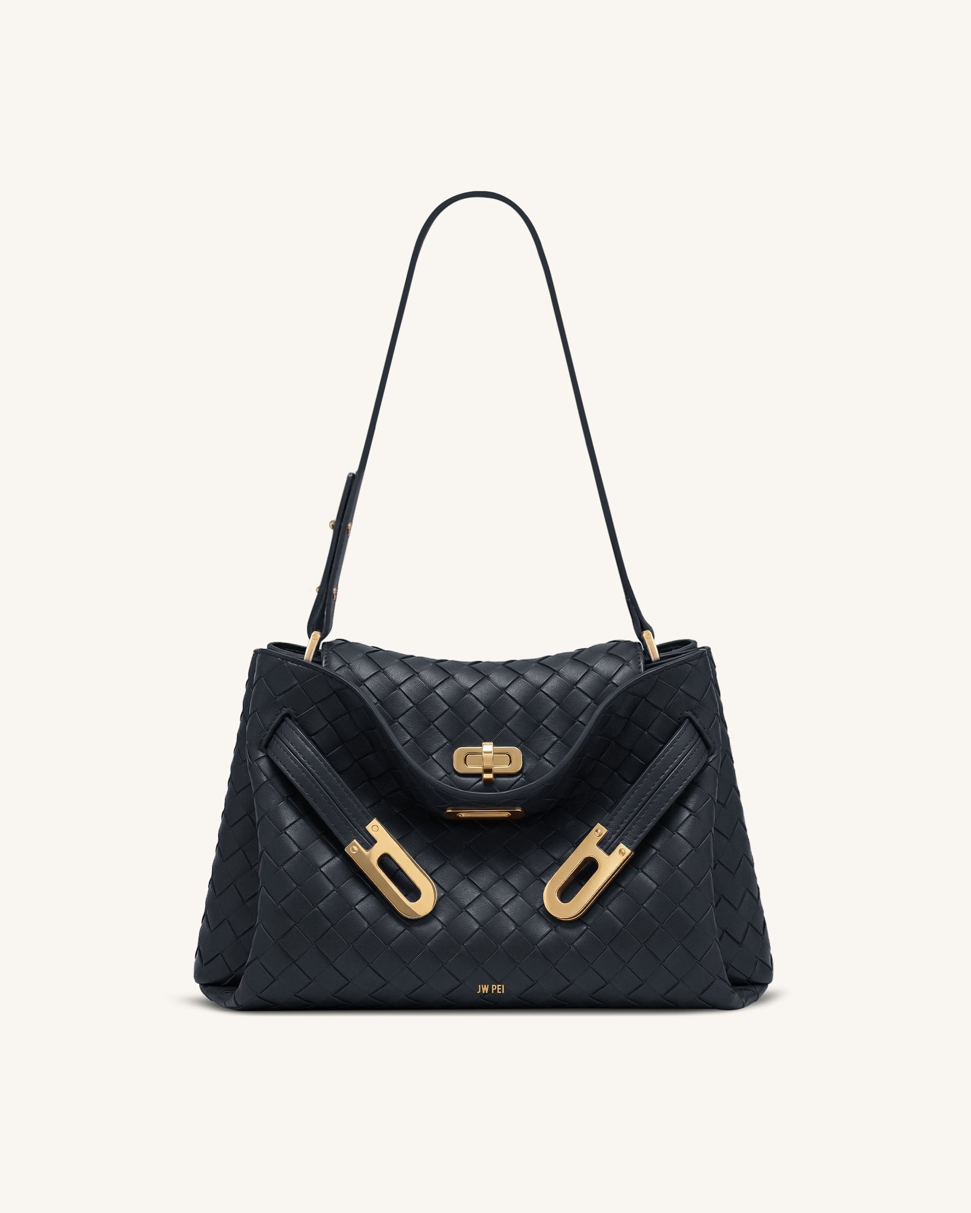 Rhea Woven Texture Double Buckle Shoulder Bag - Navy Blue