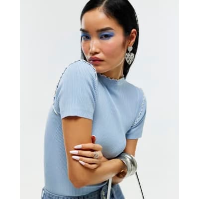 Blue Knitted Short Sleeve Frill Top