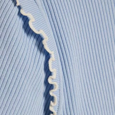 Blue Knitted Short Sleeve Frill Top