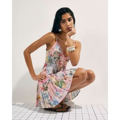Pink Floral Shirred Mini Beach Dress