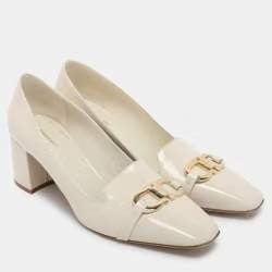 Salvatore Ferragamo Cream Patent Leather Gancini Block Heel Pumps