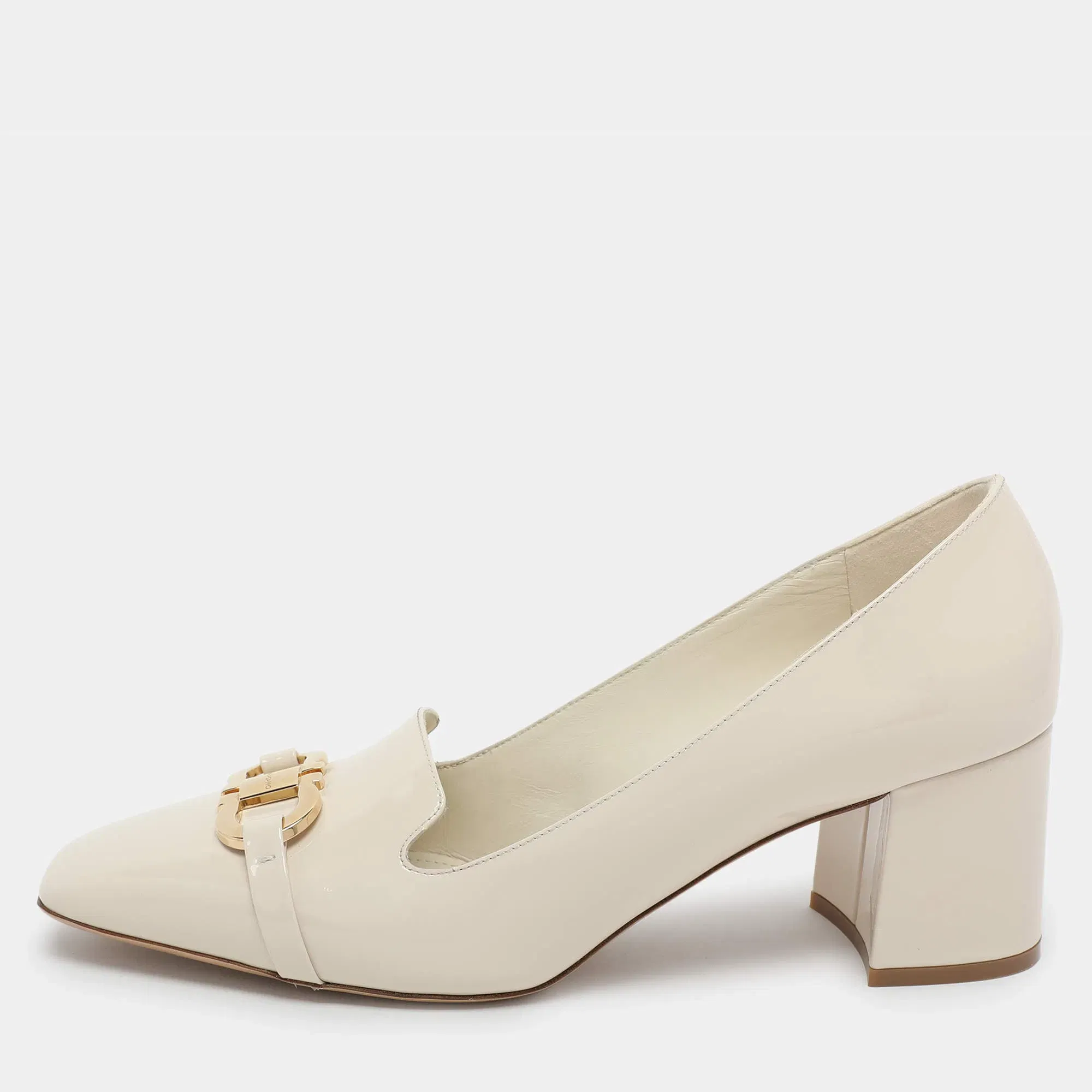 Salvatore Ferragamo Cream Patent Leather Gancini Block Heel Pumps