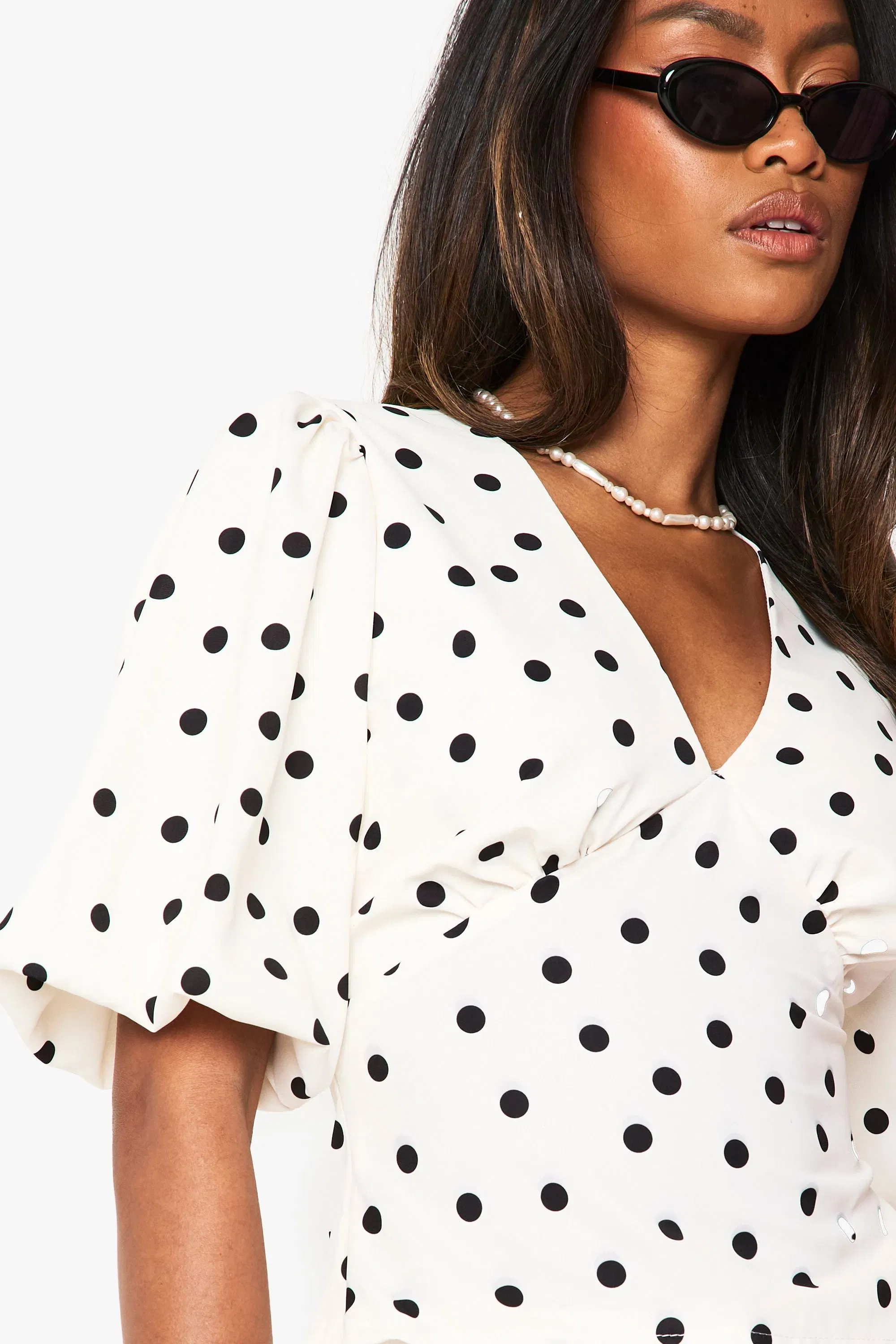 Satin Polka Dot Puff Sleeve Blouse