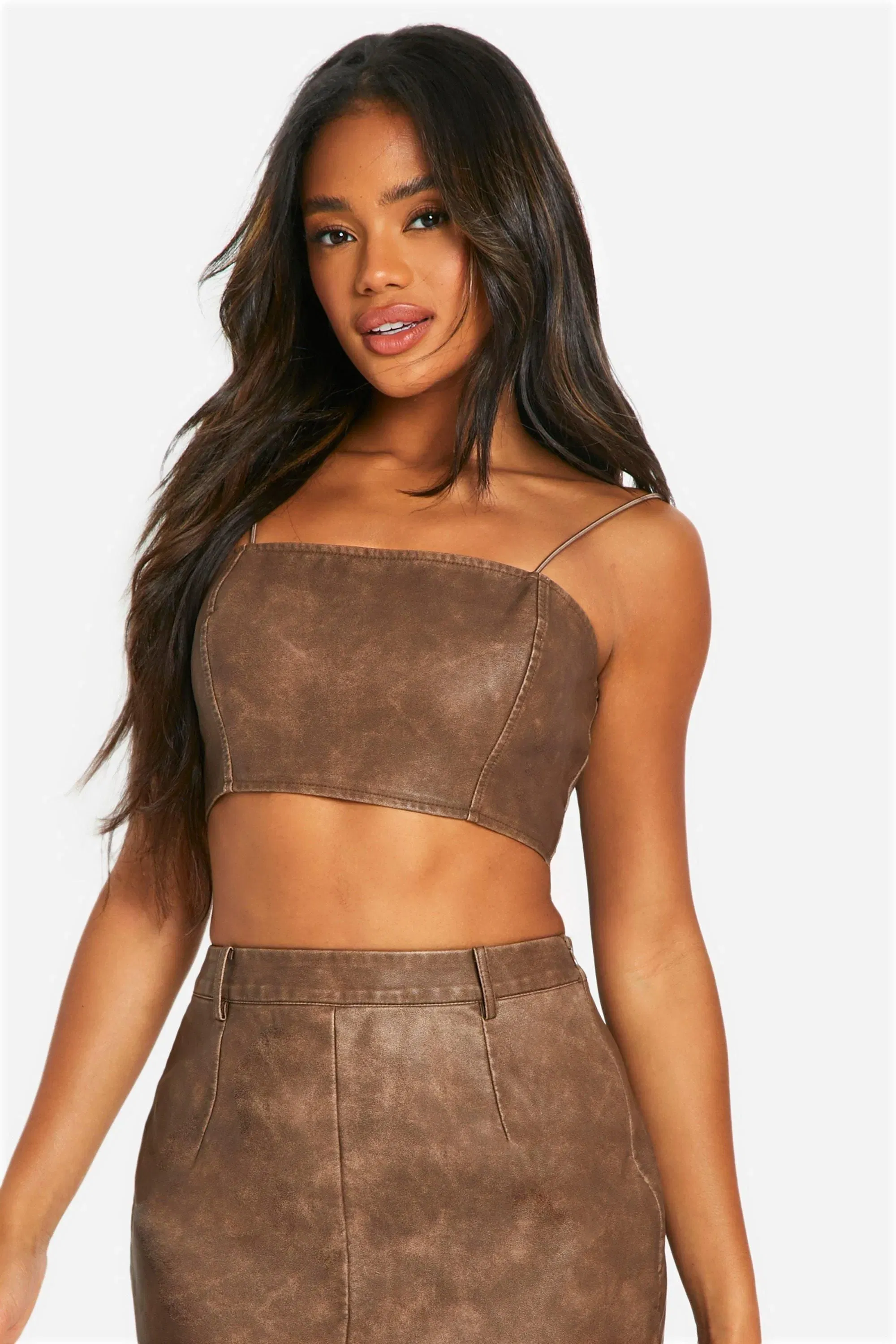 Washed Faux Leather Strappy Crop Top