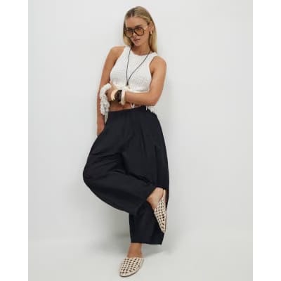 Petite Black Poplin Barrel Leg Trousers
