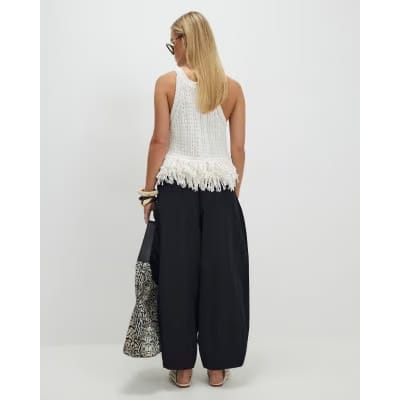 Petite Black Poplin Barrel Leg Trousers