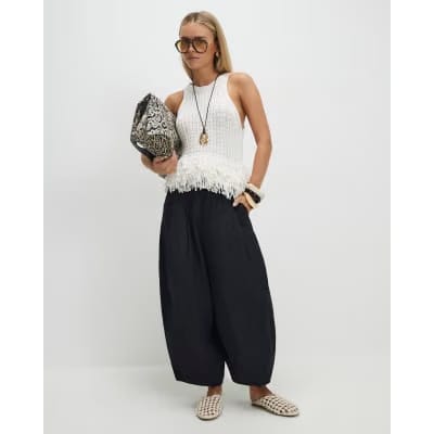 Petite Black Poplin Barrel Leg Trousers