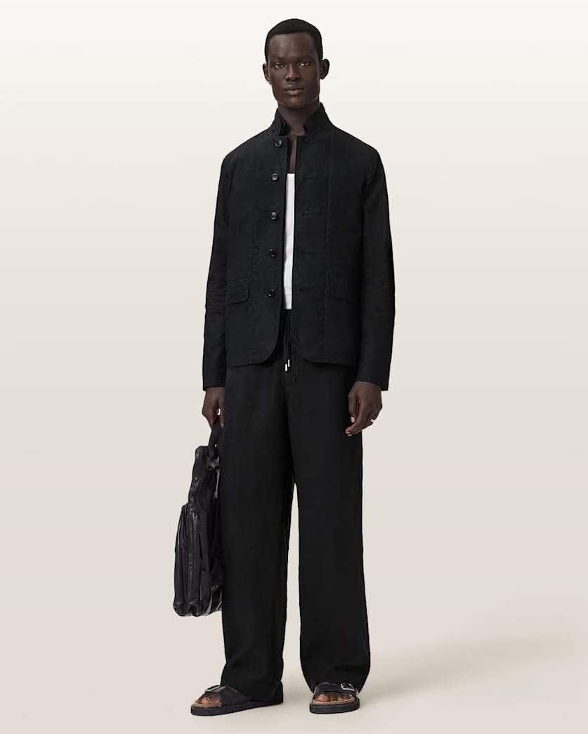 AllSaints Leat Slim Fit Double Breasted Blazer Black