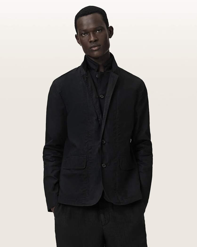 AllSaints Leat Slim Fit Double Breasted Blazer Black