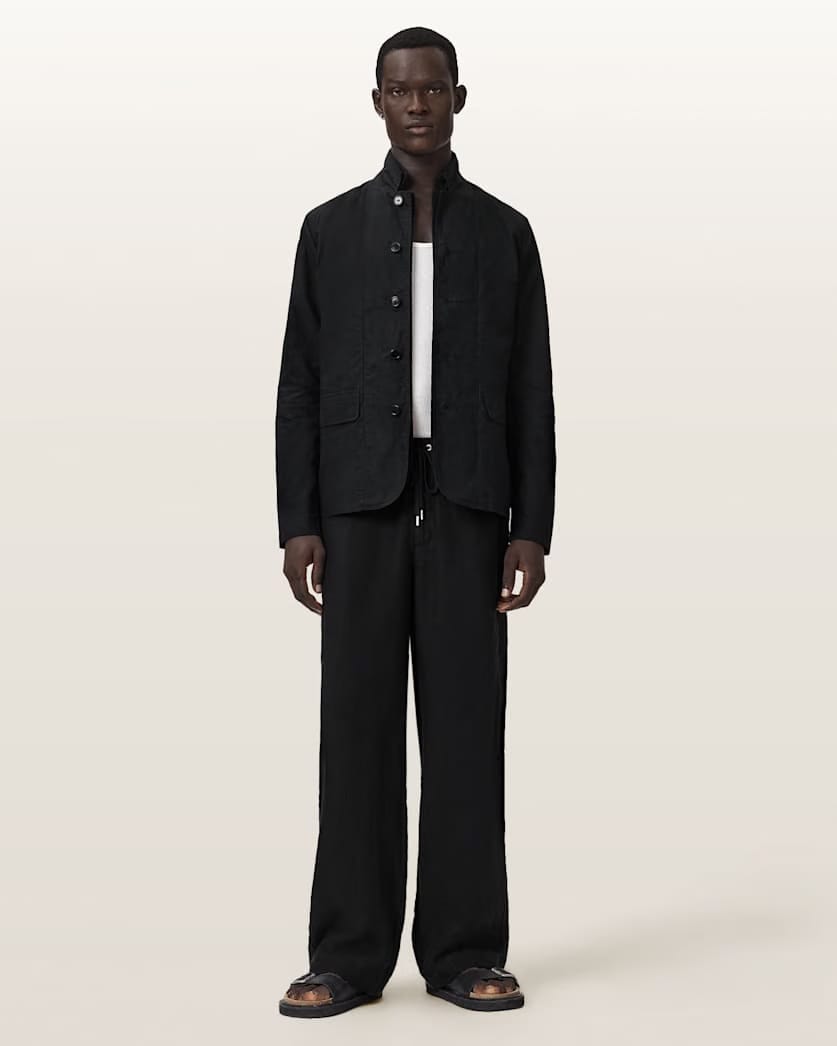 AllSaints Leat Slim Fit Double Breasted Blazer Black