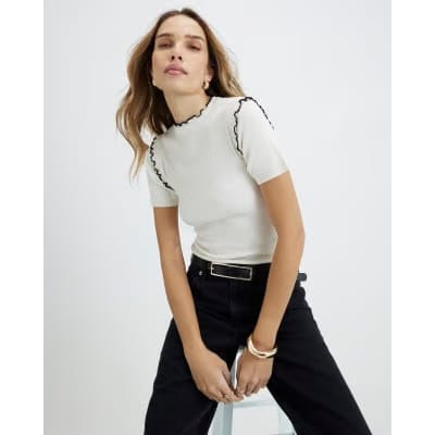 Cream Knitted Short Sleeve Frill Top