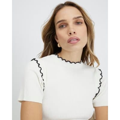 Cream Knitted Short Sleeve Frill Top