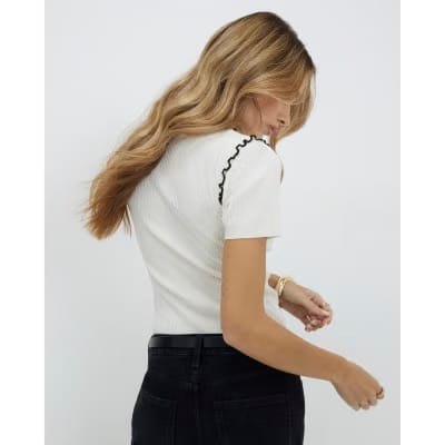 Cream Knitted Short Sleeve Frill Top