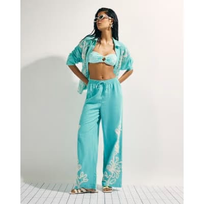 Green Broderie Drawstring Wide Leg Trousers