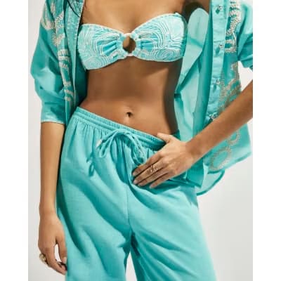 Green Broderie Drawstring Wide Leg Trousers