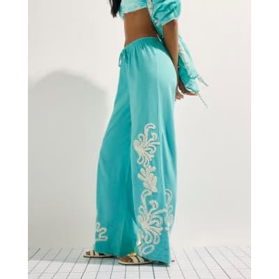 Green Broderie Drawstring Wide Leg Trousers