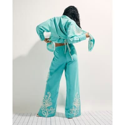 Green Broderie Drawstring Wide Leg Trousers