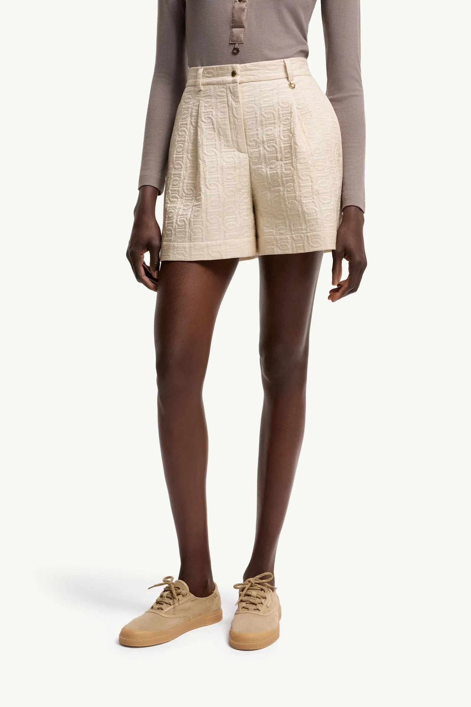 Moncler Leather Logo Shorts Light Beige Light Beige