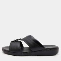 Prada Black Saffiano Leather Buckle Slide Flat Sandals