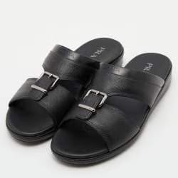 Prada Black Saffiano Leather Buckle Slide Flat Sandals