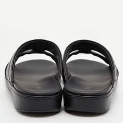 Prada Black Saffiano Leather Buckle Slide Flat Sandals