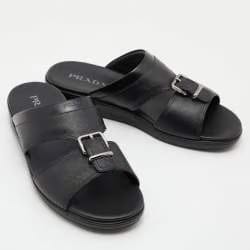 Prada Black Saffiano Leather Buckle Slide Flat Sandals