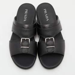 Prada Black Saffiano Leather Buckle Slide Flat Sandals