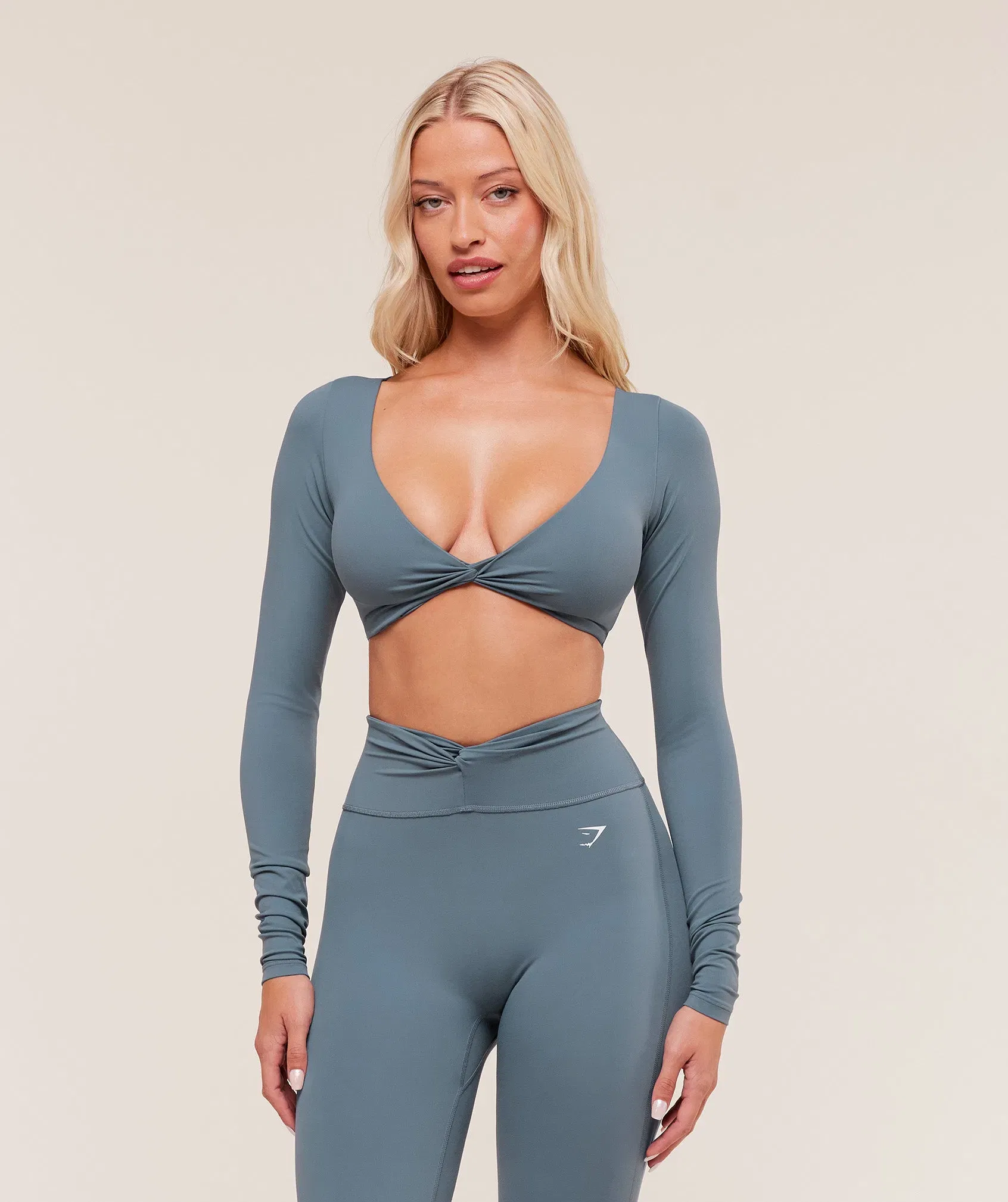 Women's Gymshark Twist Front Long Sleeve Crop Top Iron Blue