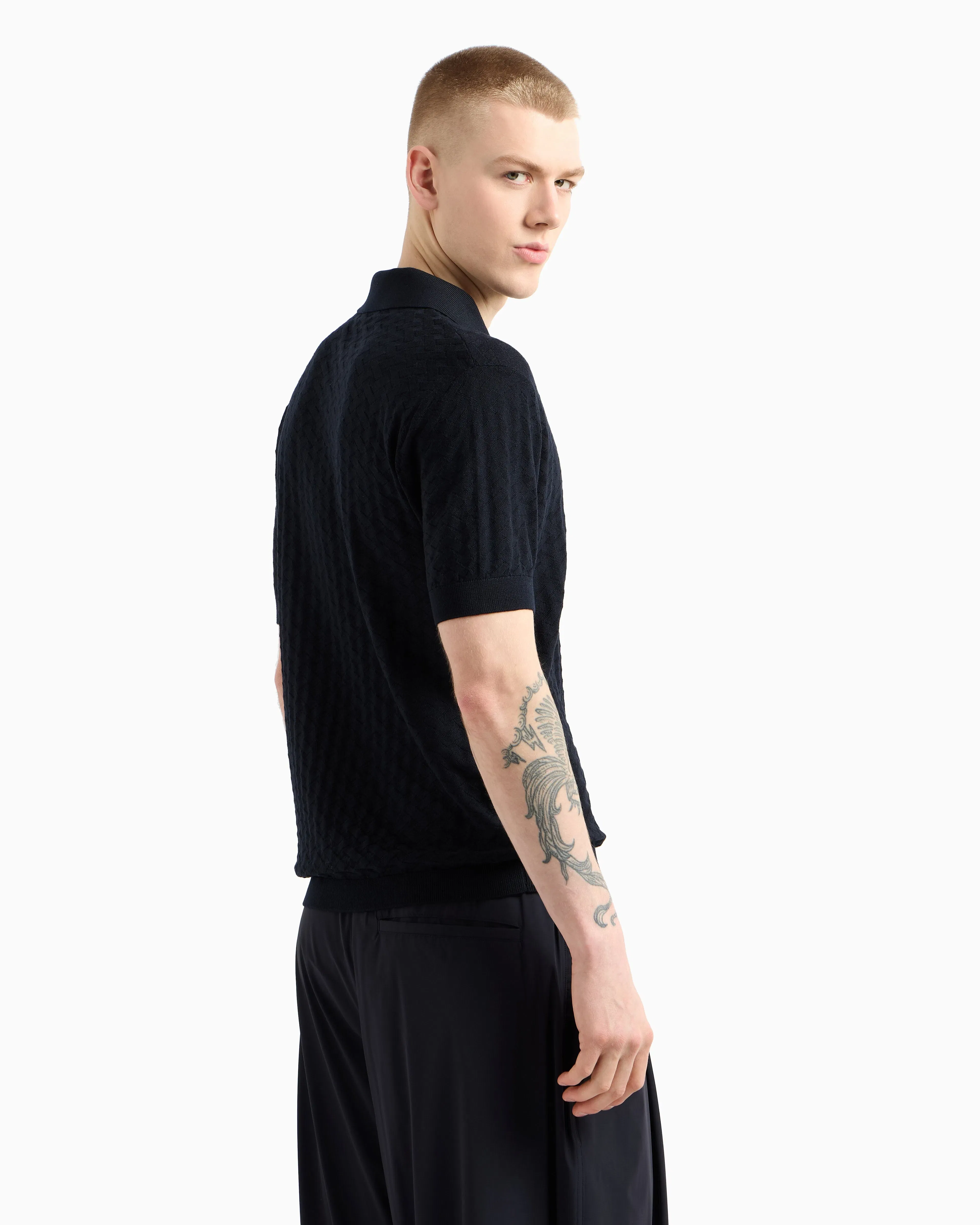 Emporio Armani US Exclusive woven-effect virgin-wool jumper with a polo-shirt collar