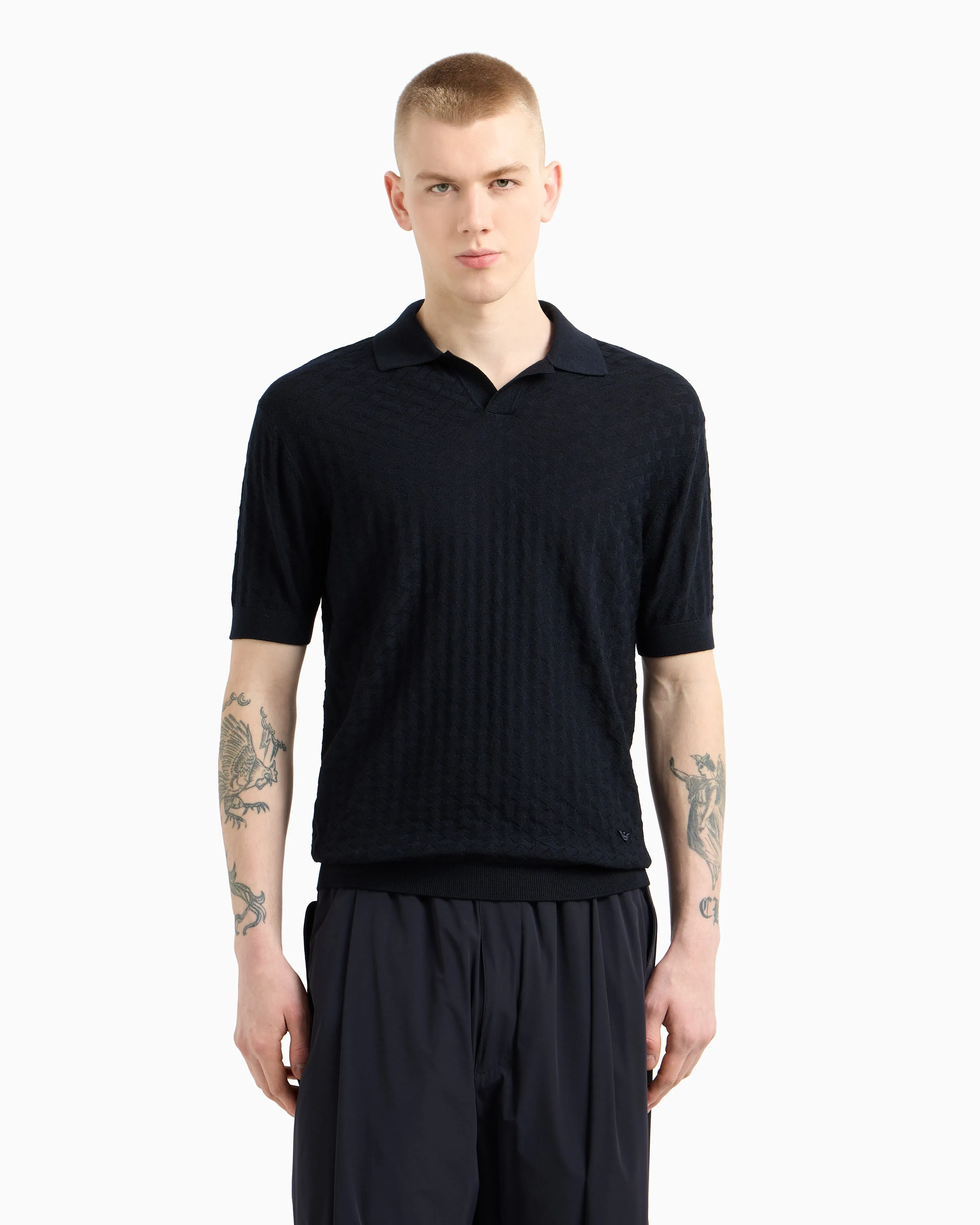 Emporio Armani US Exclusive woven-effect virgin-wool jumper with a polo-shirt collar
