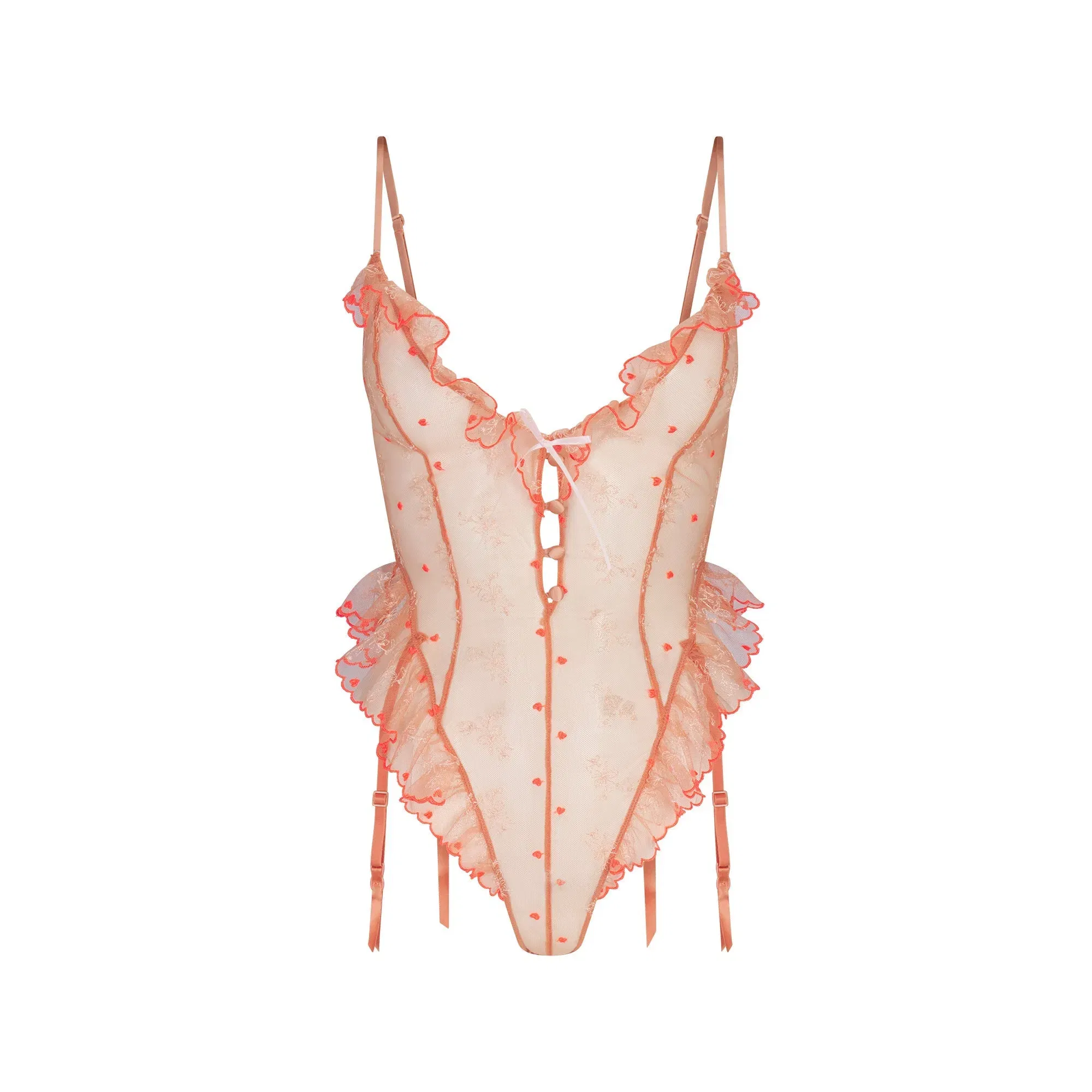 EMBROIDERED TULLE GARTER TEDDY | GUAVA HEART TULLE