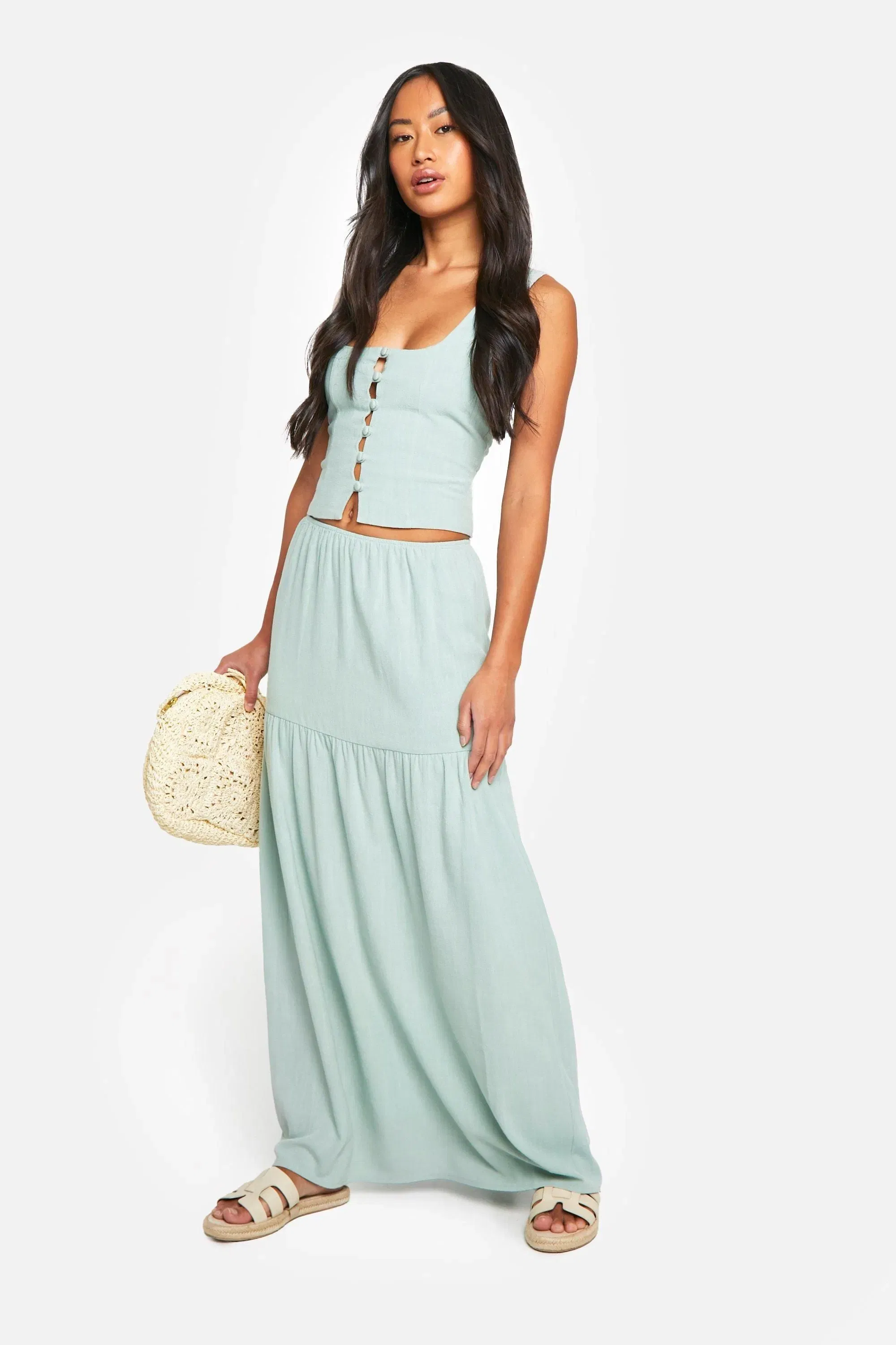 Linen Look Button Up Square Neck Top