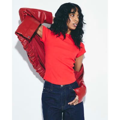 Red Short Sleeve Fitted Ribbed T-shirt