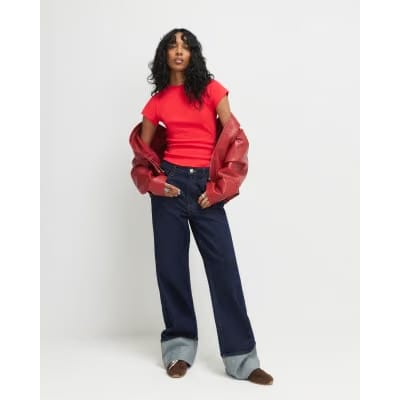 Red Short Sleeve Fitted Ribbed T-shirt