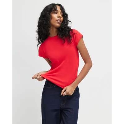 Red Short Sleeve Fitted Ribbed T-shirt