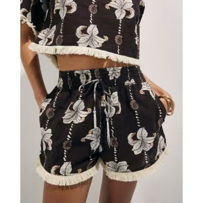 Brown Floral Shell Print Top And Shorts Set