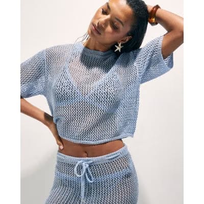 Blue Short Sleeve Knit Beach Top