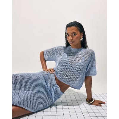 Blue Short Sleeve Knit Beach Top