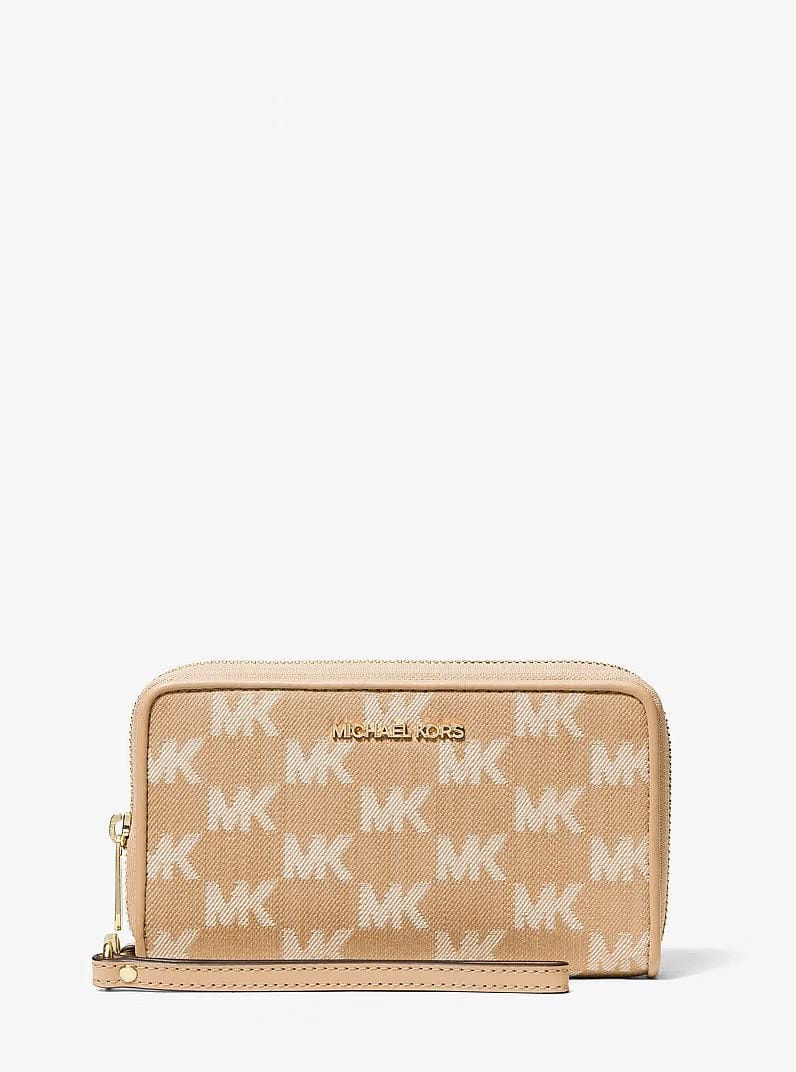 Michael Kors Jet Set Travel Large Logo Jacquard Denim Smartphone Wallet Camel