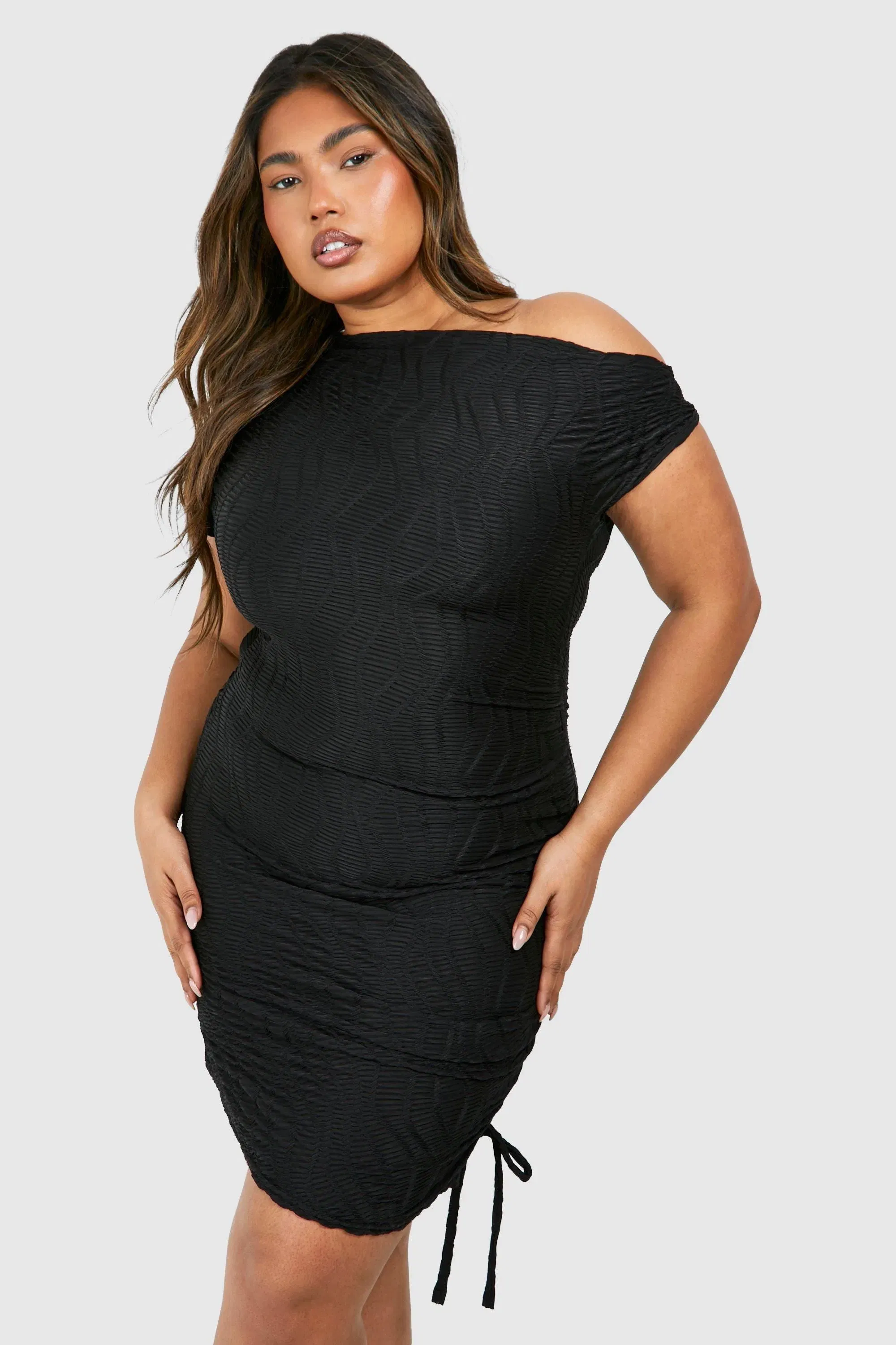Plus Slash Neck Textured Rib Mini Dress