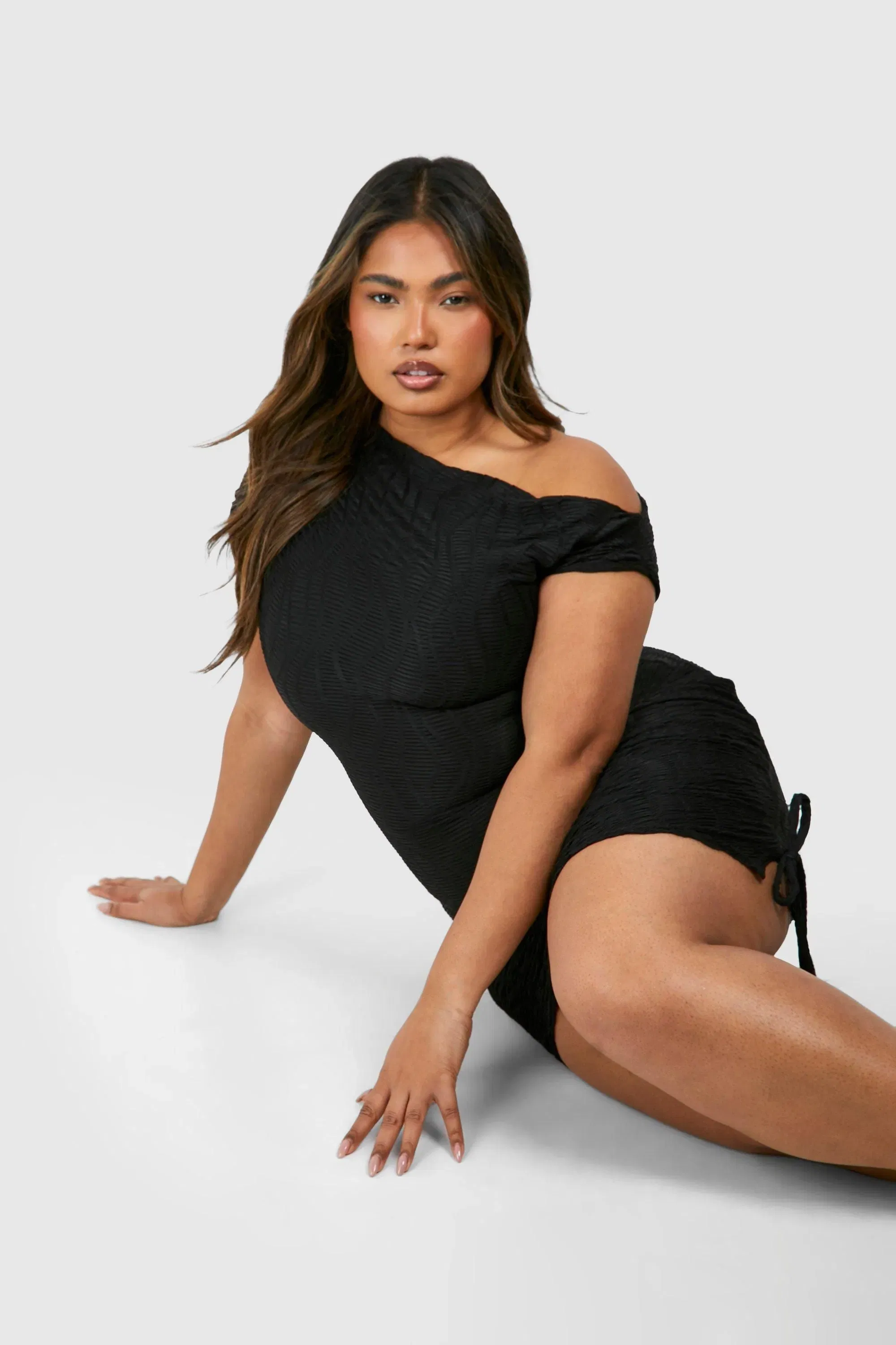 Plus Slash Neck Textured Rib Mini Dress