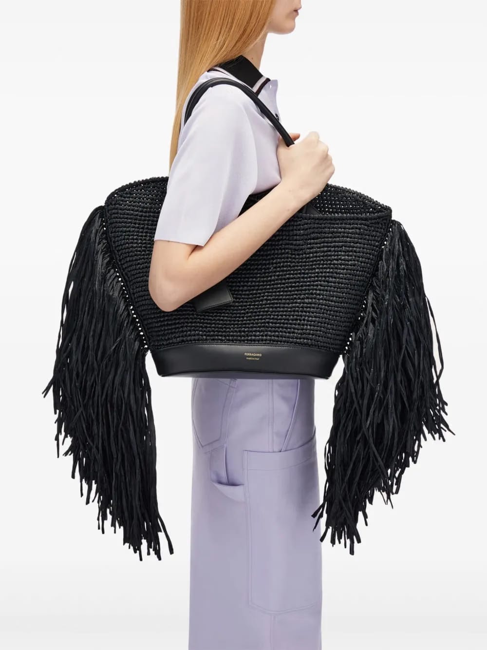 fringed raffia tote bag
