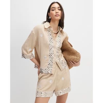 Beige Sequin Embellished Shorts