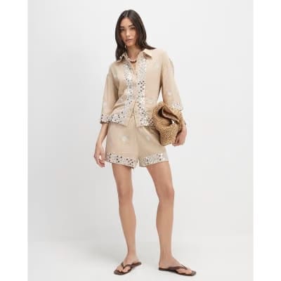 Beige Sequin Embellished Shorts